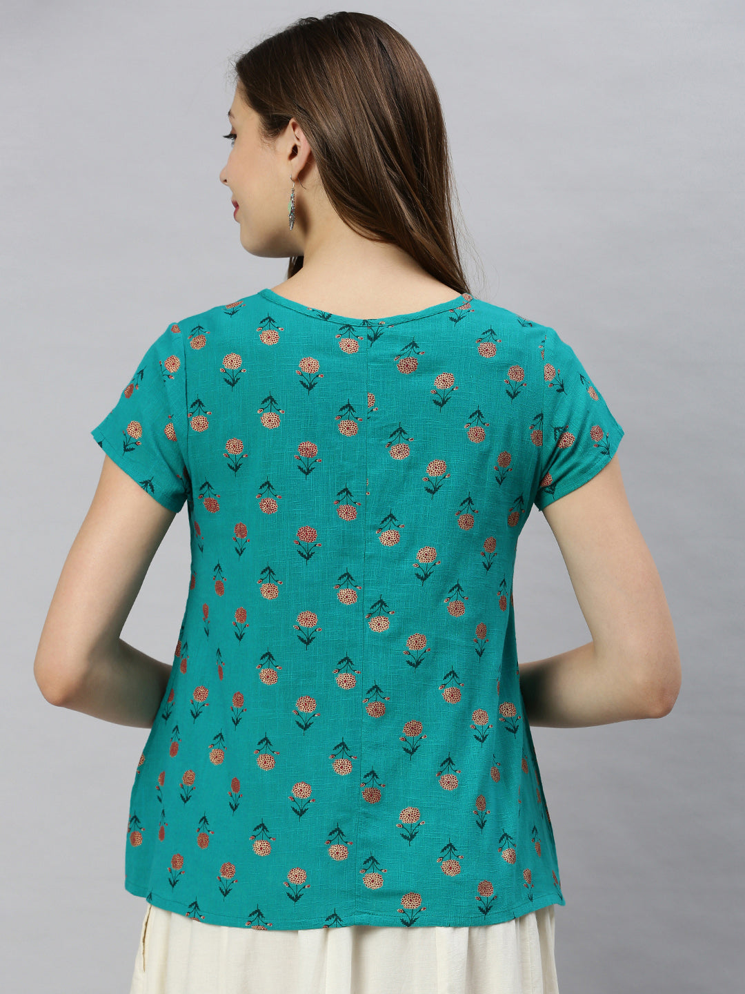 Janasya Women's Teal Cotton Slub Floral Print Regular Top | Swadesiicart