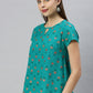 Janasya Women's Teal Cotton Slub Floral Print Regular Top | Swadesiicart