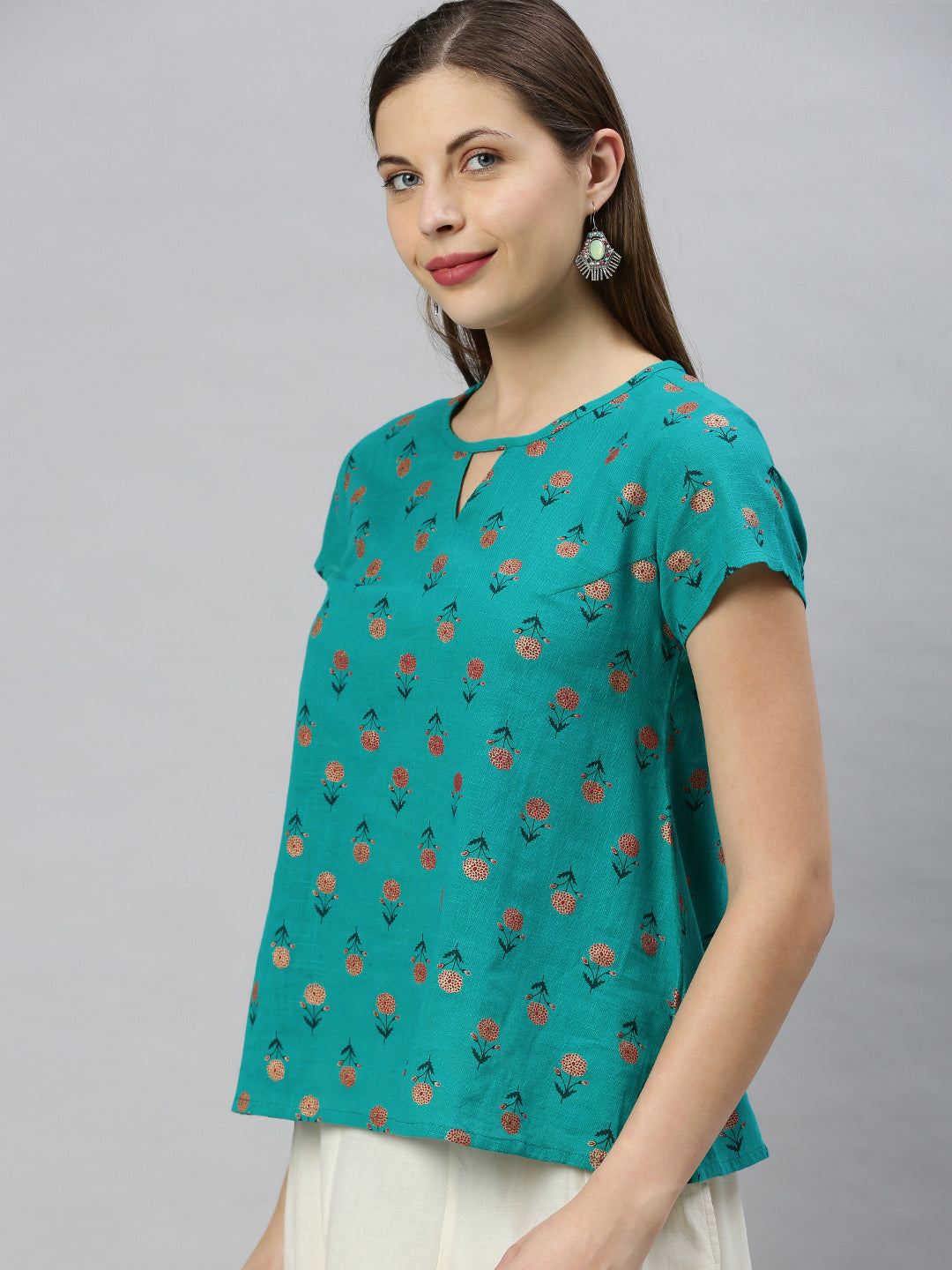 Janasya Women's Teal Cotton Slub Floral Print Regular Top | Swadesiicart