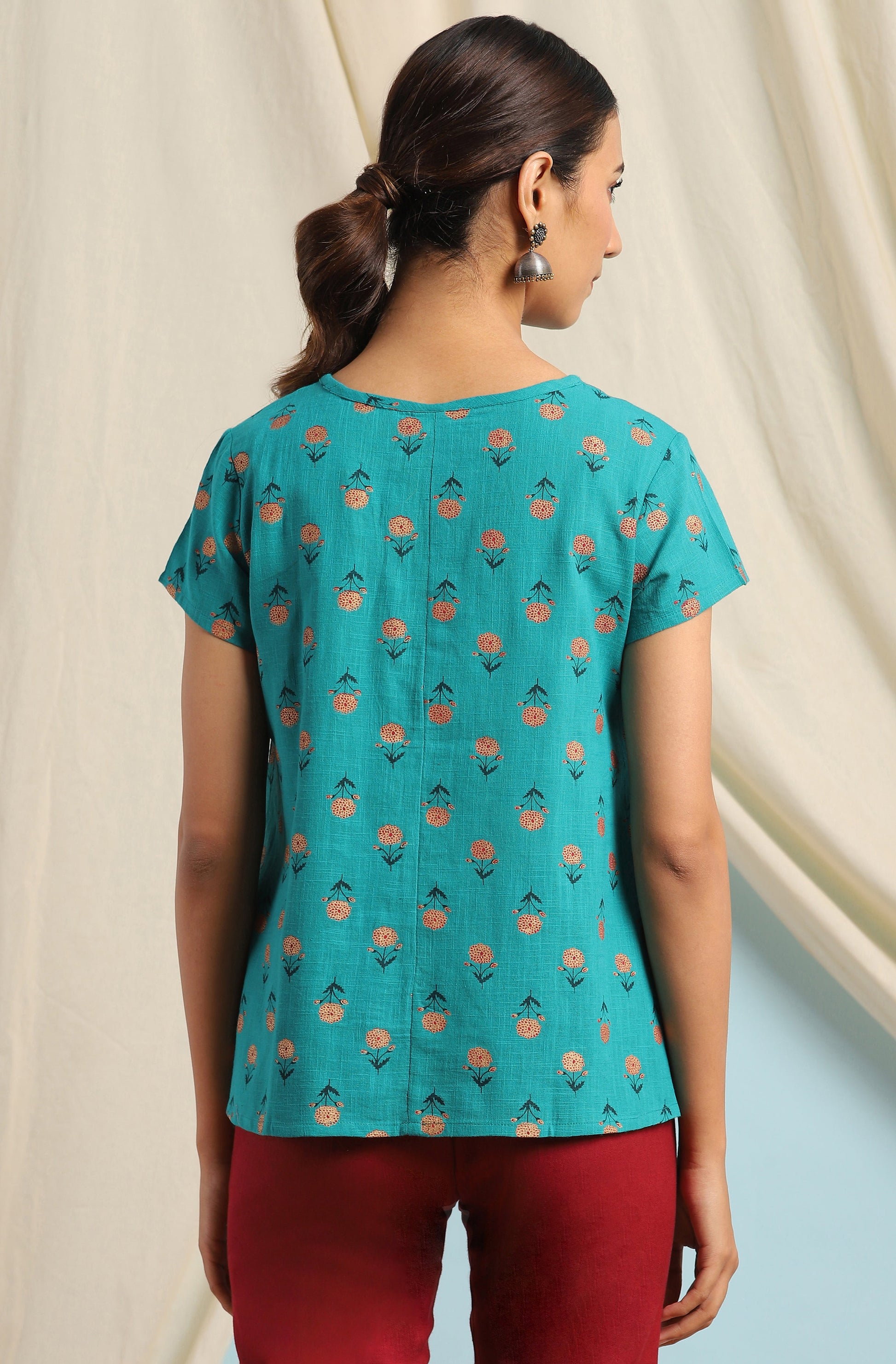 Janasya Women's Teal Cotton Slub Floral Print Regular Top | Swadesiicart