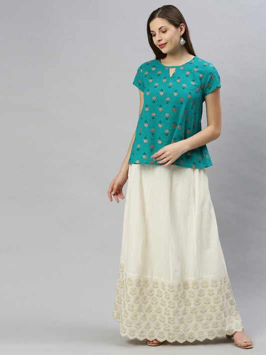 Janasya Women's Teal Cotton Slub Floral Print Regular Top | Swadesiicart