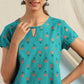 Janasya Women's Teal Cotton Slub Floral Print Regular Top | Swadesiicart