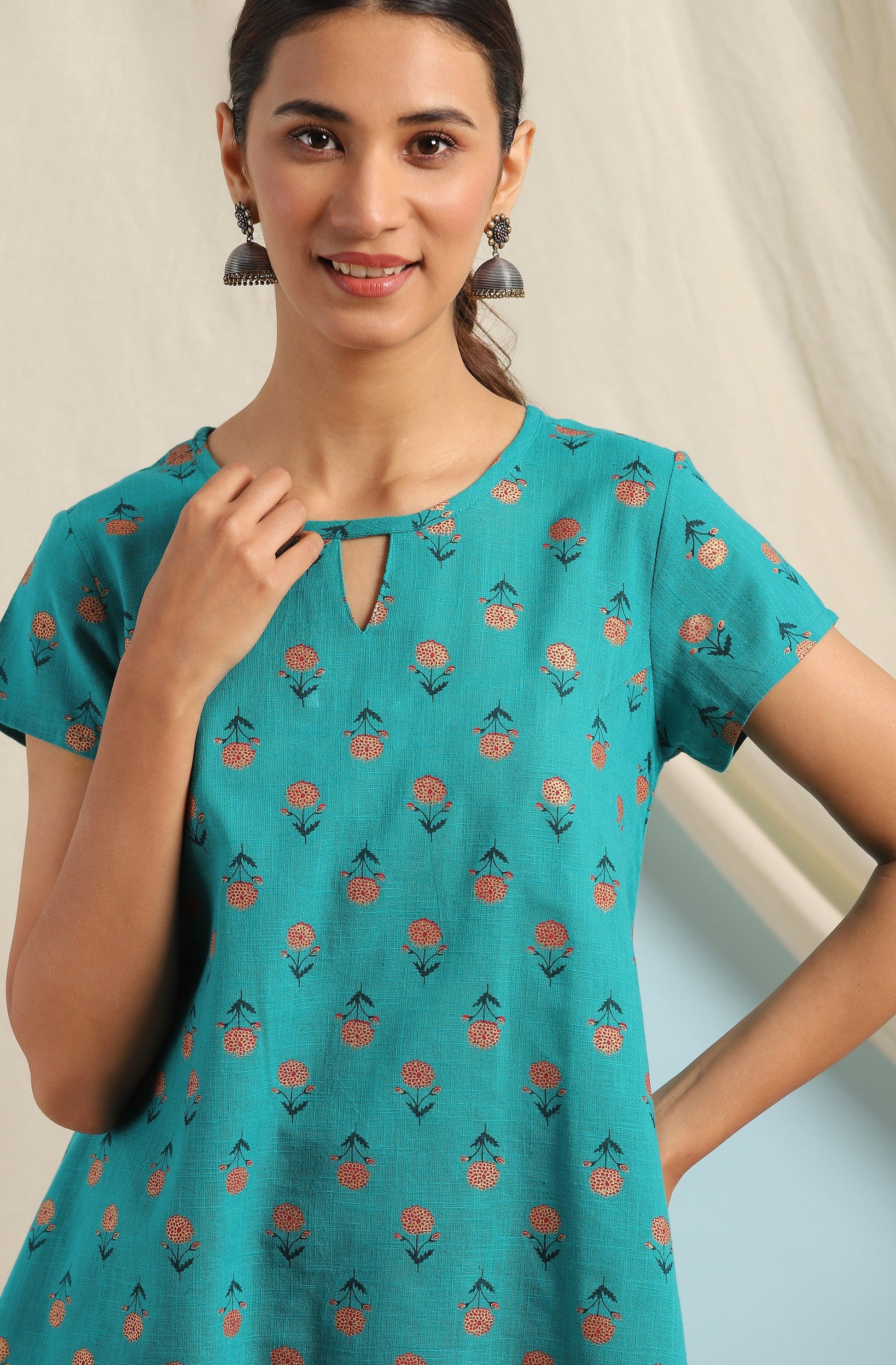 Janasya Women's Teal Cotton Slub Floral Print Regular Top | Swadesiicart