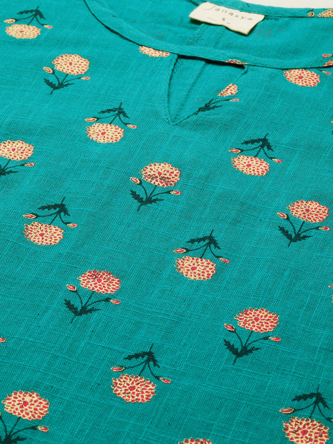 Janasya Women's Teal Cotton Slub Floral Print Regular Top | Swadesiicart
