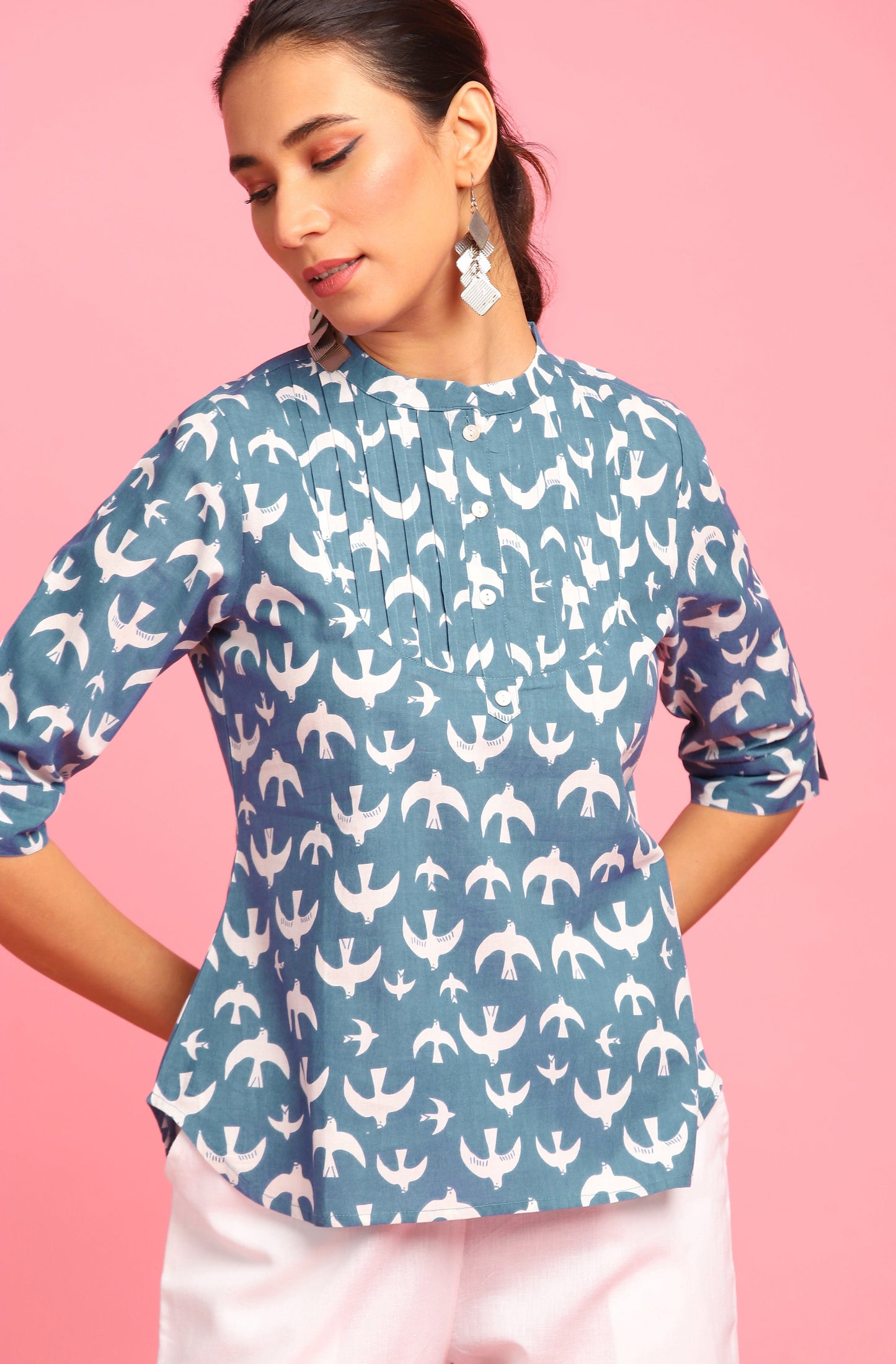 Janasya Women's Blue Cotton Animal Print Regular Top | Swadesiicart