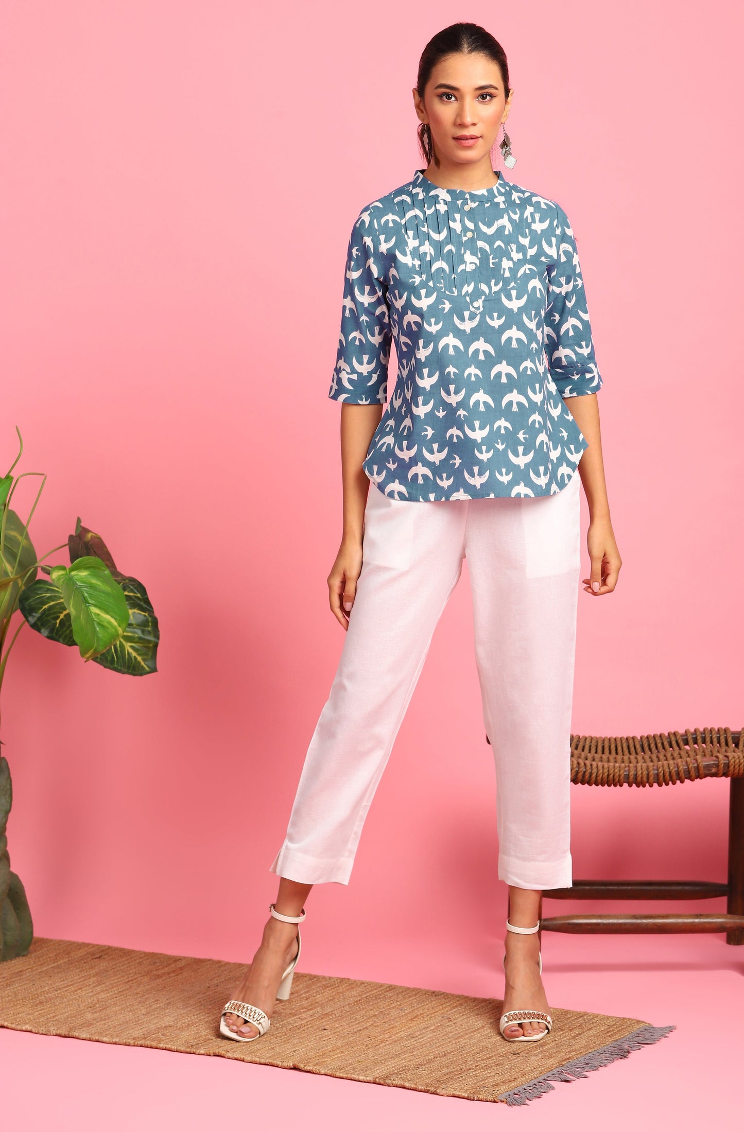 Janasya Women's Blue Cotton Animal Print Regular Top | Swadesiicart