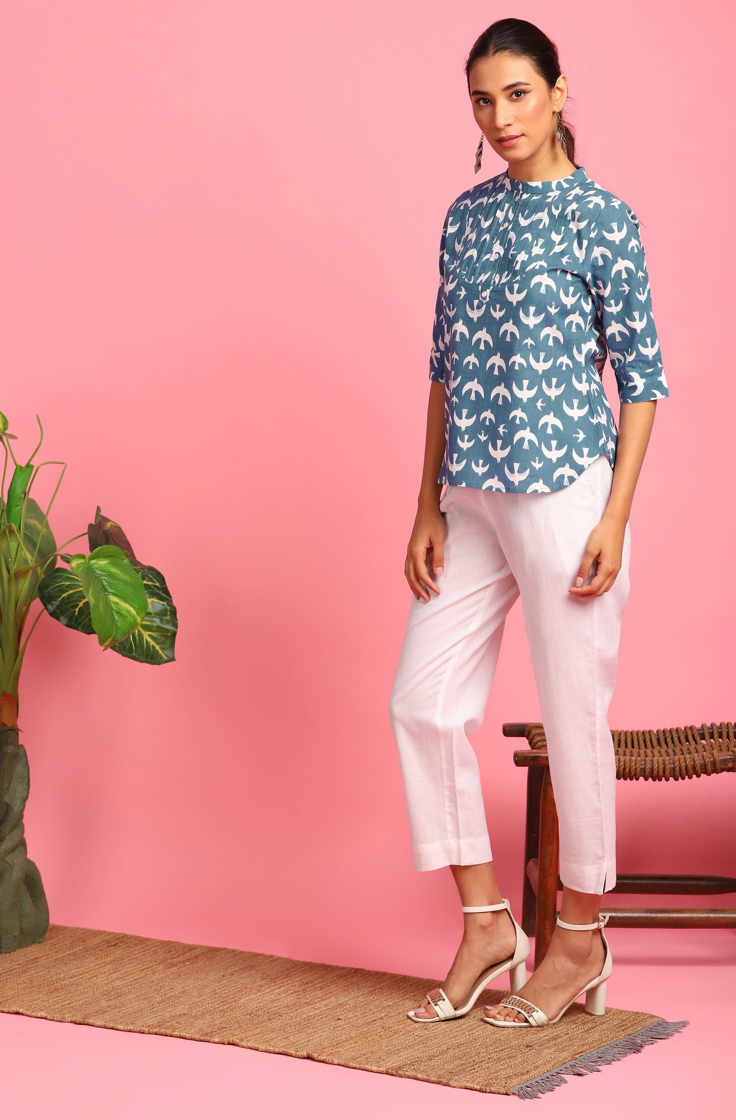Janasya Women's Blue Cotton Animal Print Regular Top | Swadesiicart