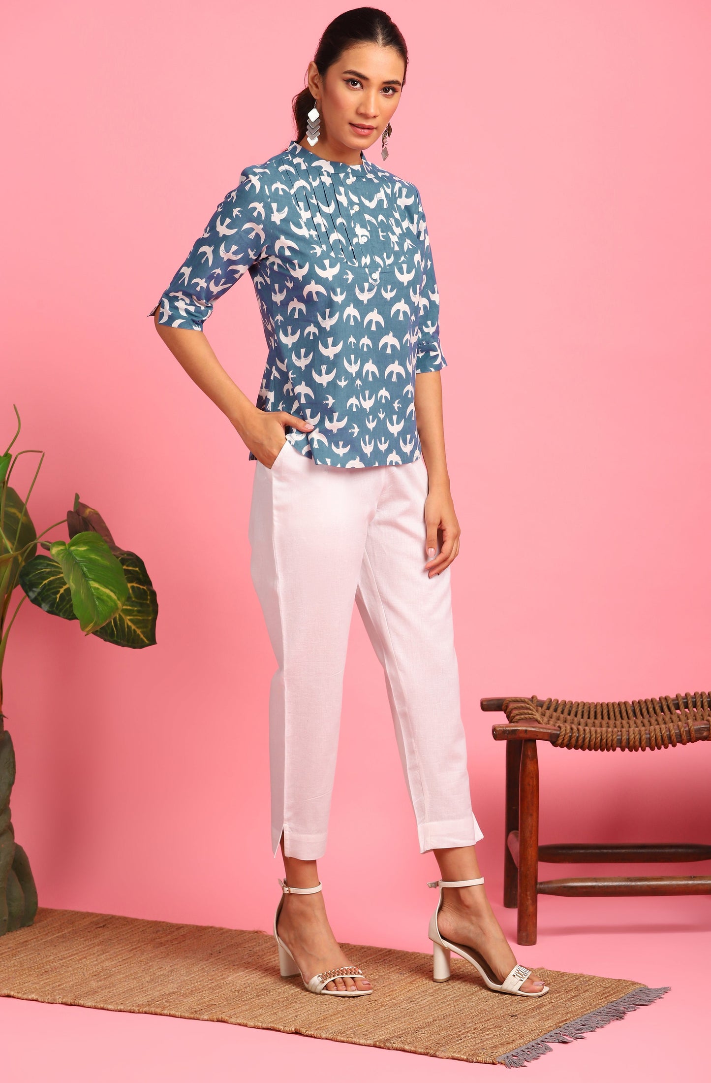 Janasya Women's Blue Cotton Animal Print Regular Top | Swadesiicart