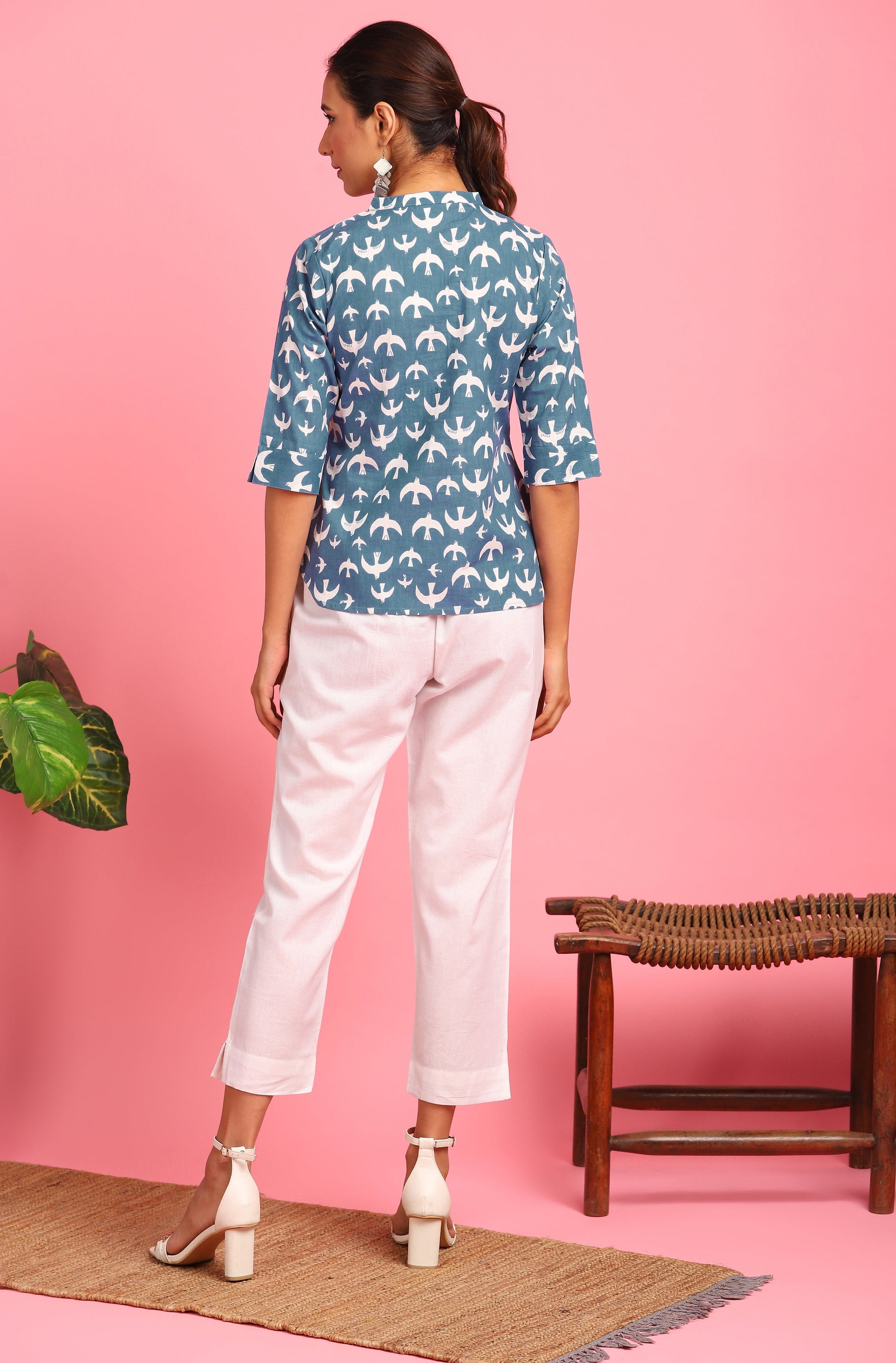 Janasya Women's Blue Cotton Animal Print Regular Top | Swadesiicart