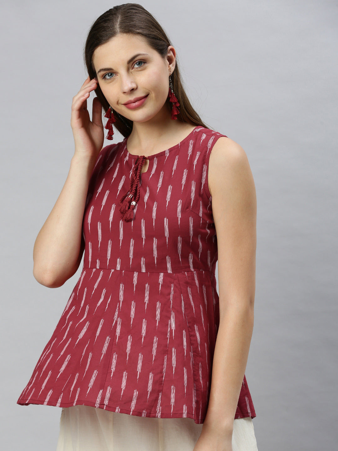 Janasya Women's Maroon Cotton Geometric Print Peplum Top | Swadesiicart