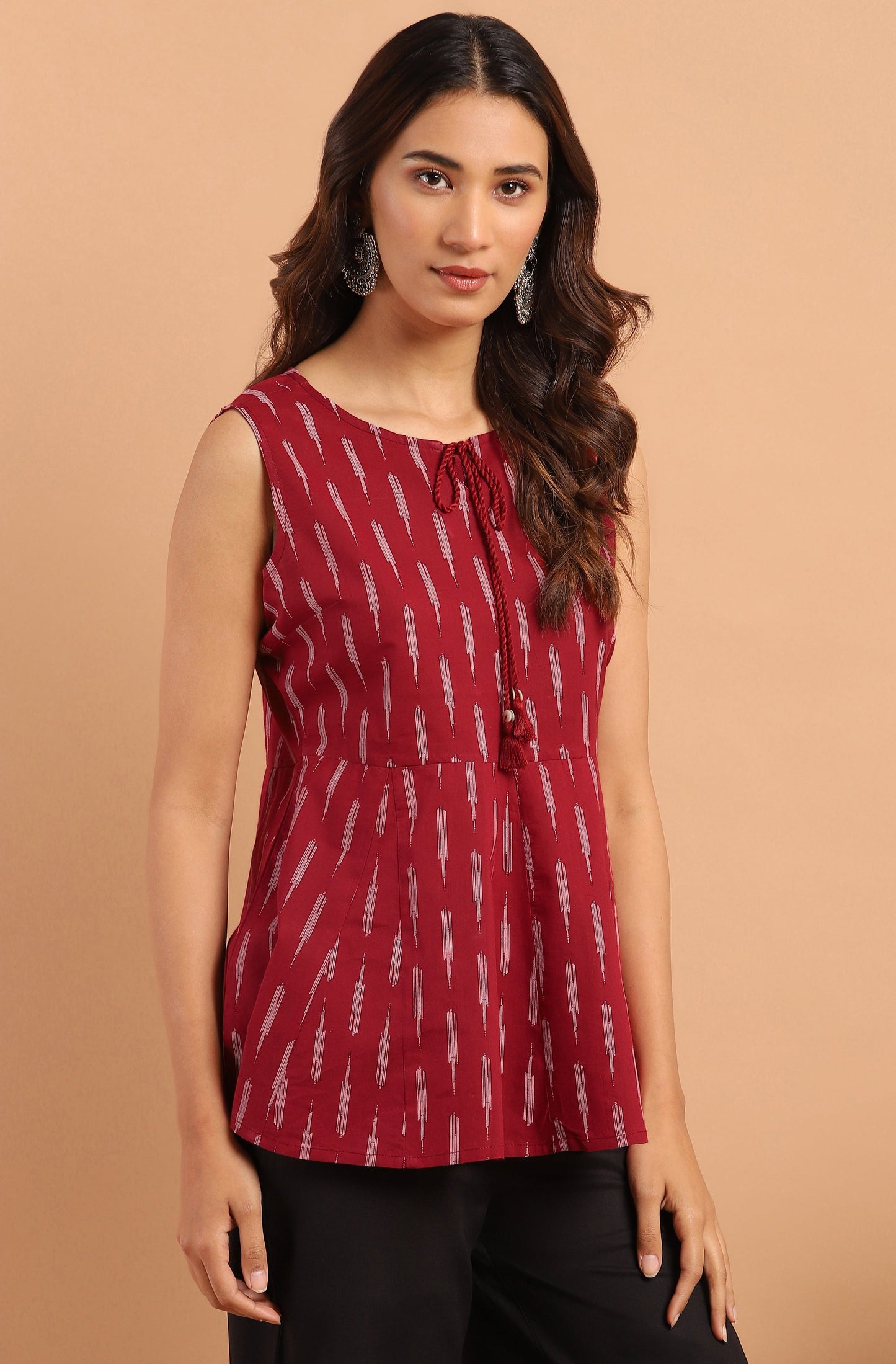 Janasya Women's Maroon Cotton Geometric Print Peplum Top | Swadesiicart