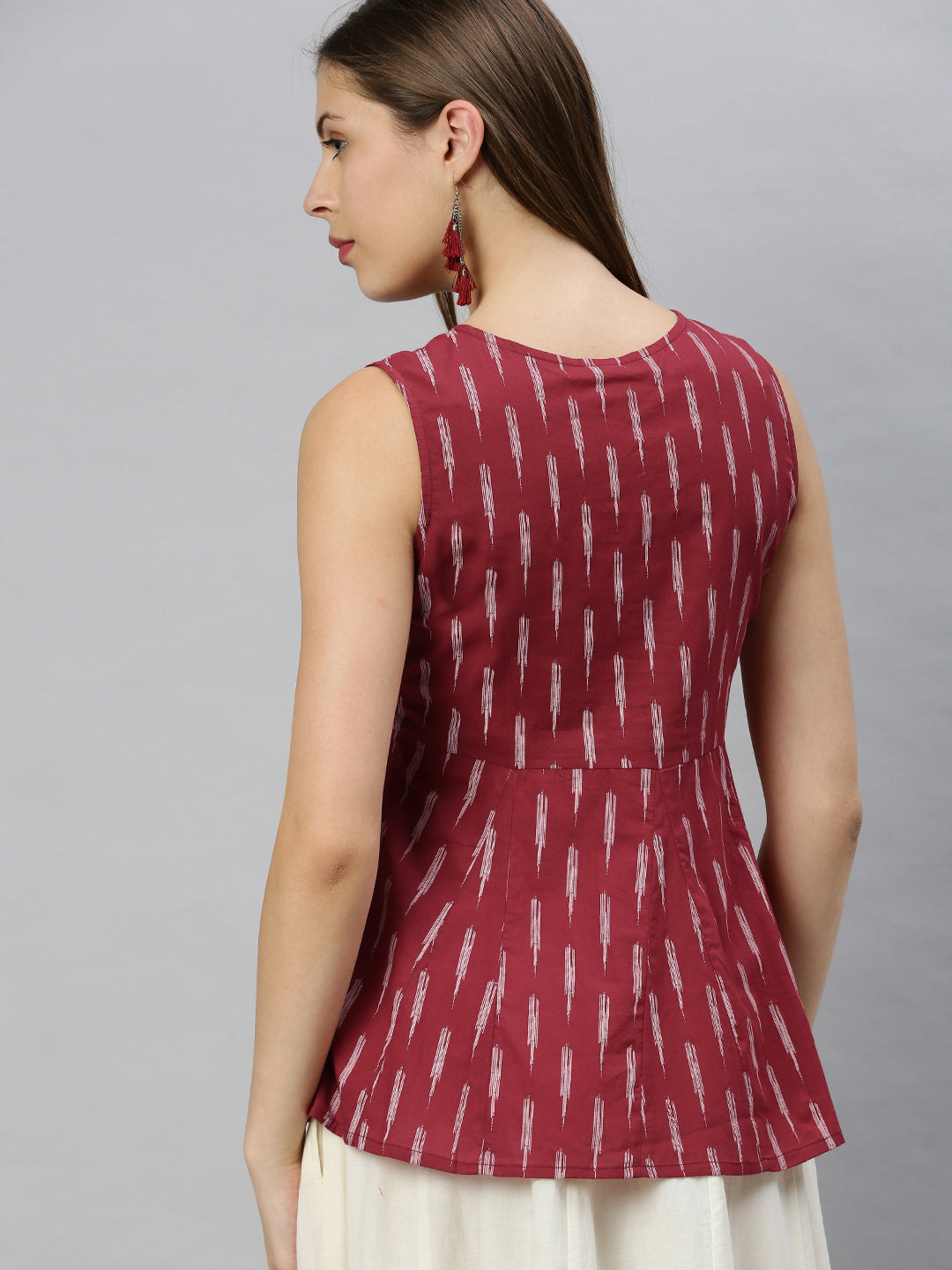 Janasya Women's Maroon Cotton Geometric Print Peplum Top | Swadesiicart