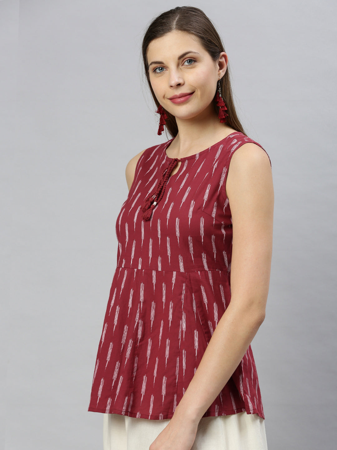 Janasya Women's Maroon Cotton Geometric Print Peplum Top | Swadesiicart