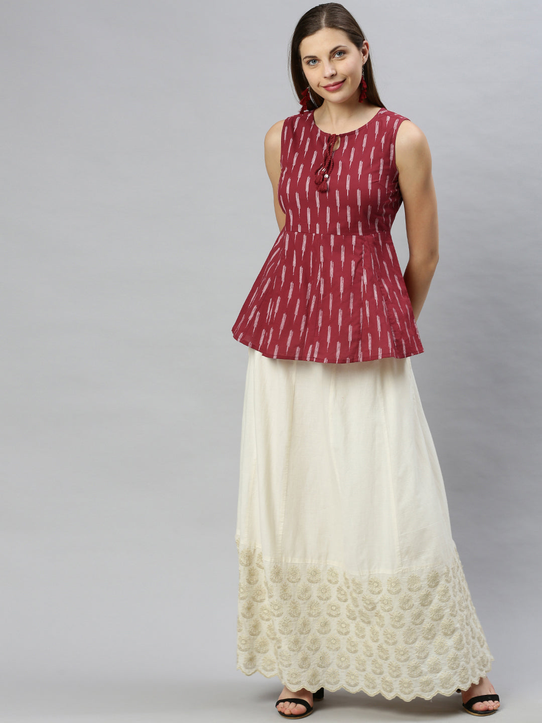 Janasya Women's Maroon Cotton Geometric Print Peplum Top | Swadesiicart