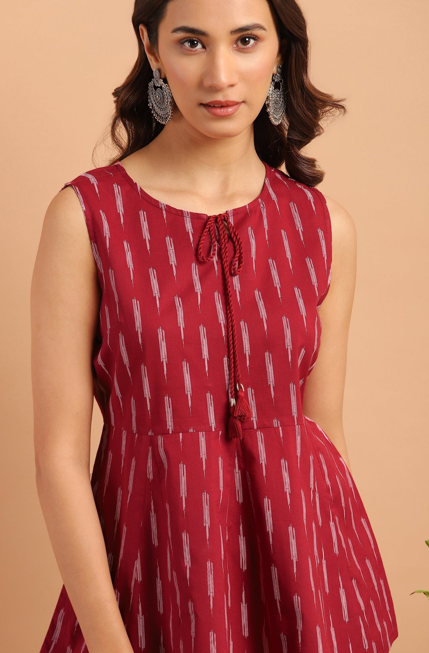 Janasya Women's Maroon Cotton Geometric Print Peplum Top | Swadesiicart