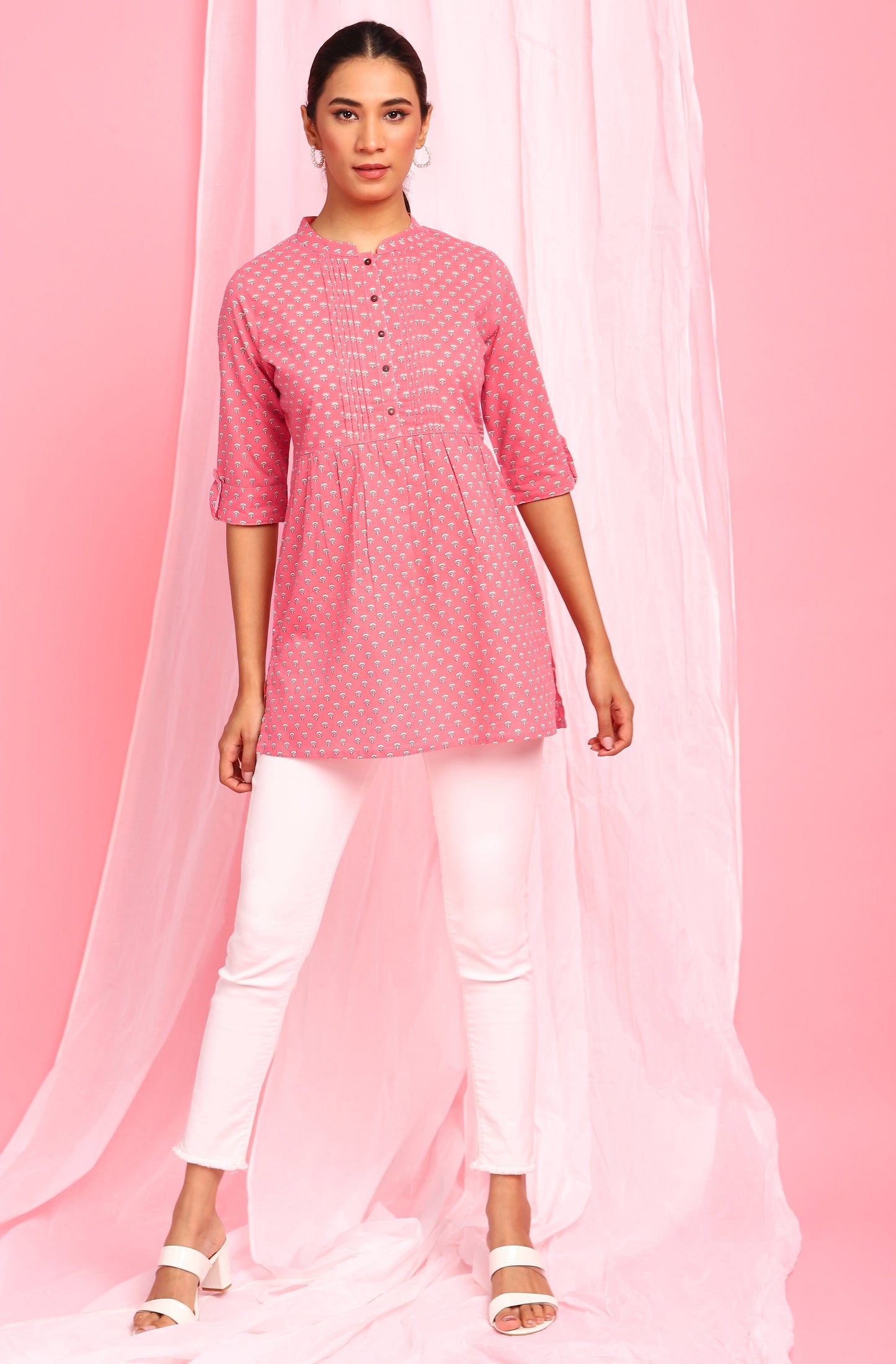 Janasya Women's Pink Cotton Floral Print Empire Waist Tunic | Swadesiicart