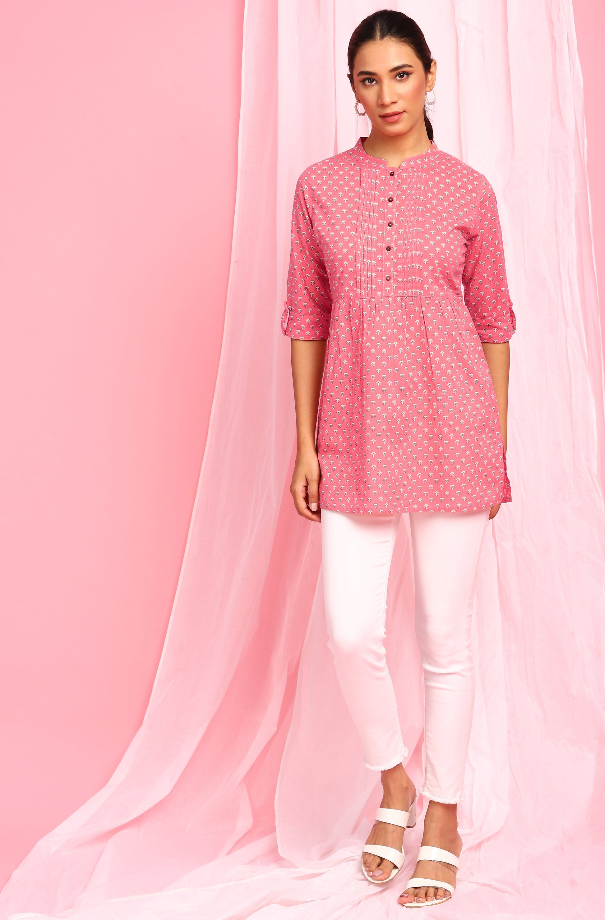 Janasya Women's Pink Cotton Floral Print Empire Waist Tunic | Swadesiicart