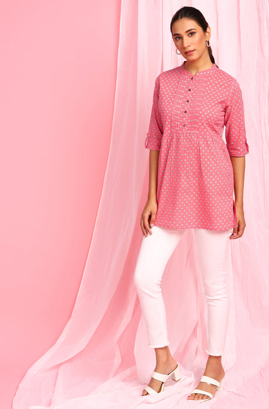 Janasya Women's Pink Cotton Floral Print Empire Waist Tunic | Swadesiicart