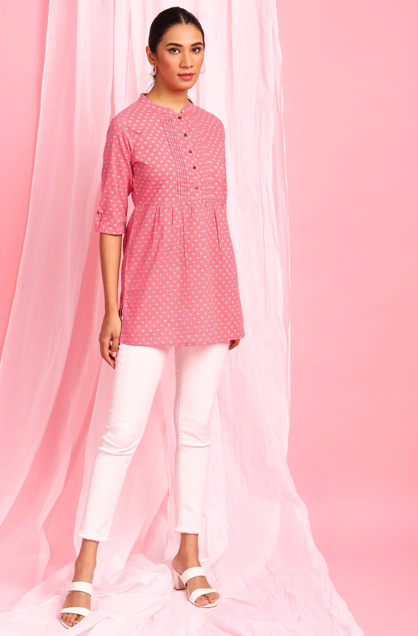 Janasya Women's Pink Cotton Floral Print Empire Waist Tunic | Swadesiicart