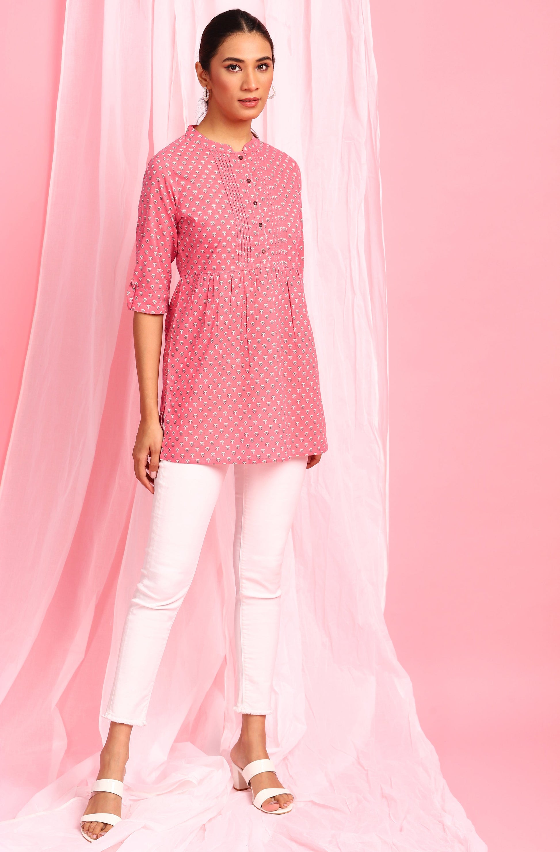 Janasya Women's Pink Cotton Floral Print Empire Waist Tunic | Swadesiicart