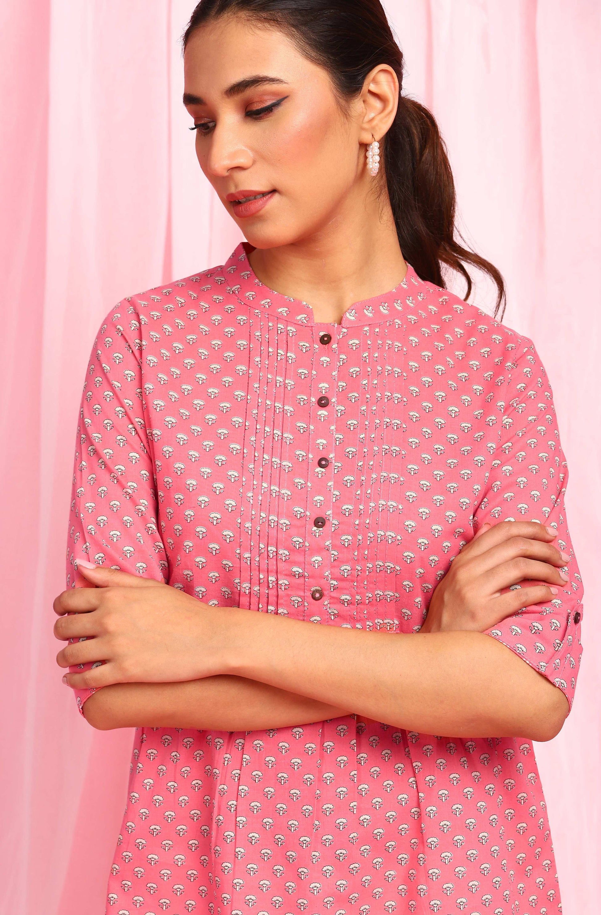 Janasya Women's Pink Cotton Floral Print Empire Waist Tunic | Swadesiicart