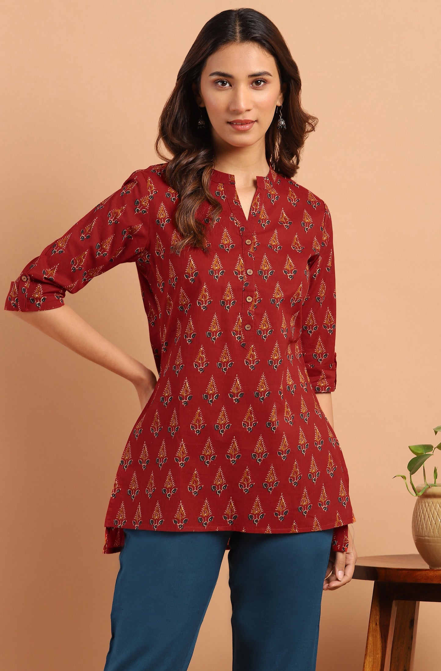 Janasya Women's Red Cotton Ethnic Motifs Straight Tunic | Swadesiicart