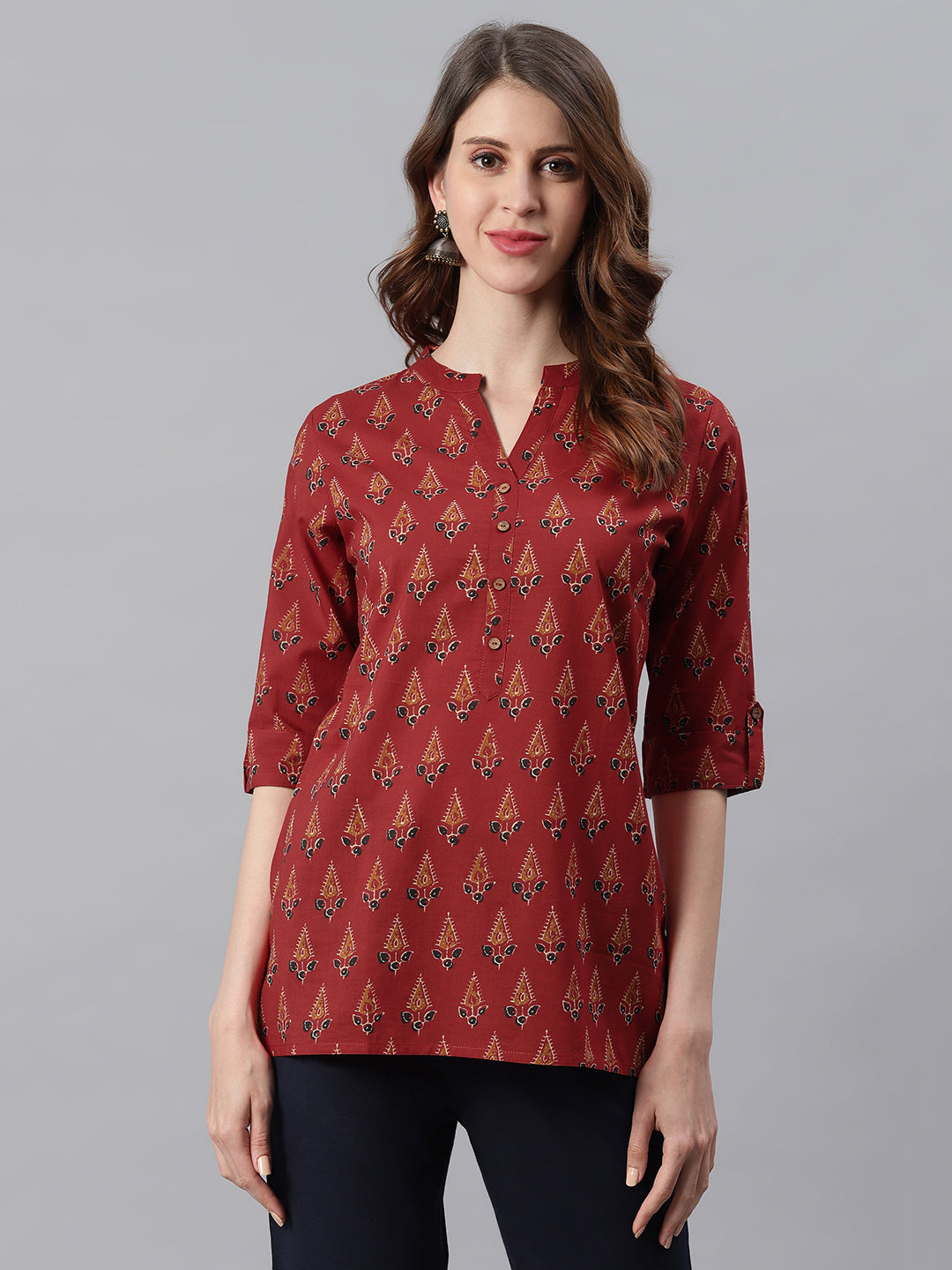 Janasya Women's Red Cotton Ethnic Motifs Straight Tunic | Swadesiicart