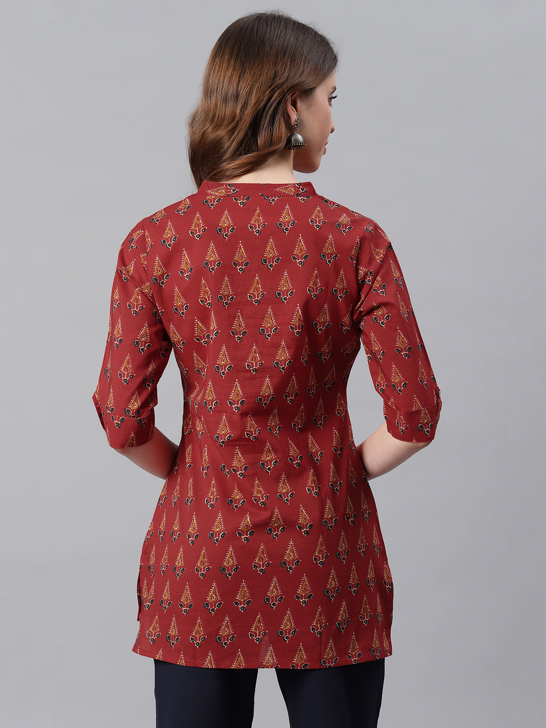 Janasya Women's Red Cotton Ethnic Motifs Straight Tunic | Swadesiicart