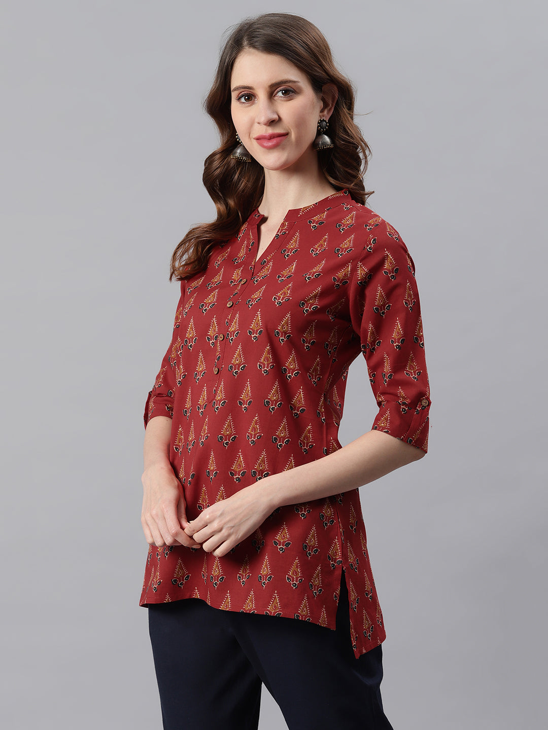 Janasya Women's Red Cotton Ethnic Motifs Straight Tunic | Swadesiicart