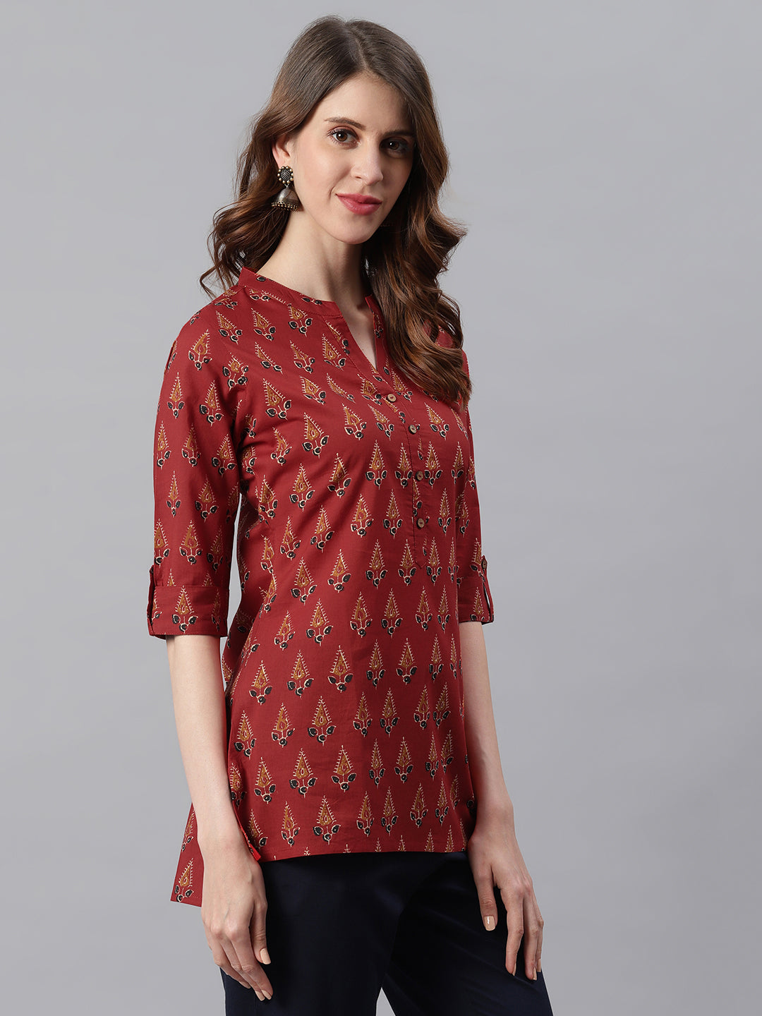 Janasya Women's Red Cotton Ethnic Motifs Straight Tunic | Swadesiicart