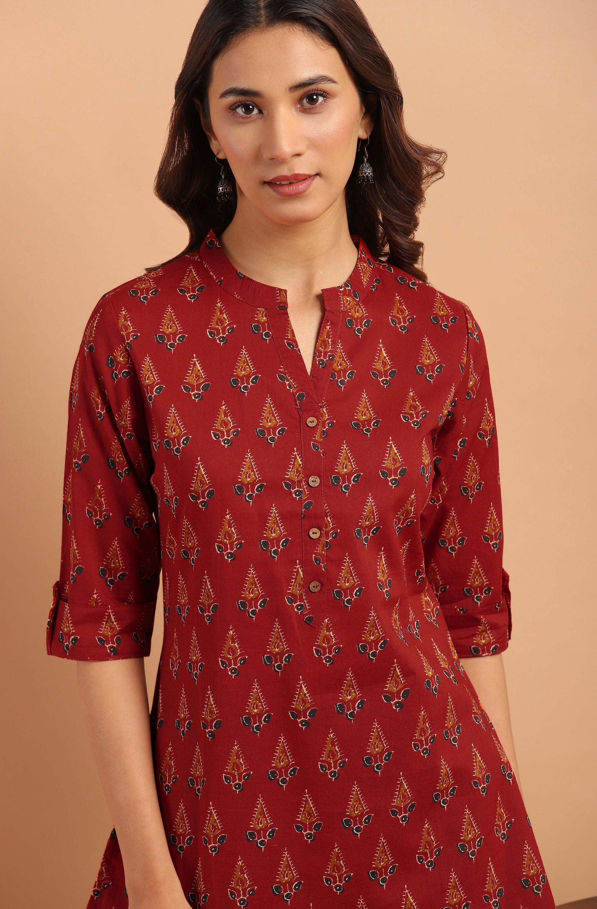 Janasya Women's Red Cotton Ethnic Motifs Straight Tunic | Swadesiicart
