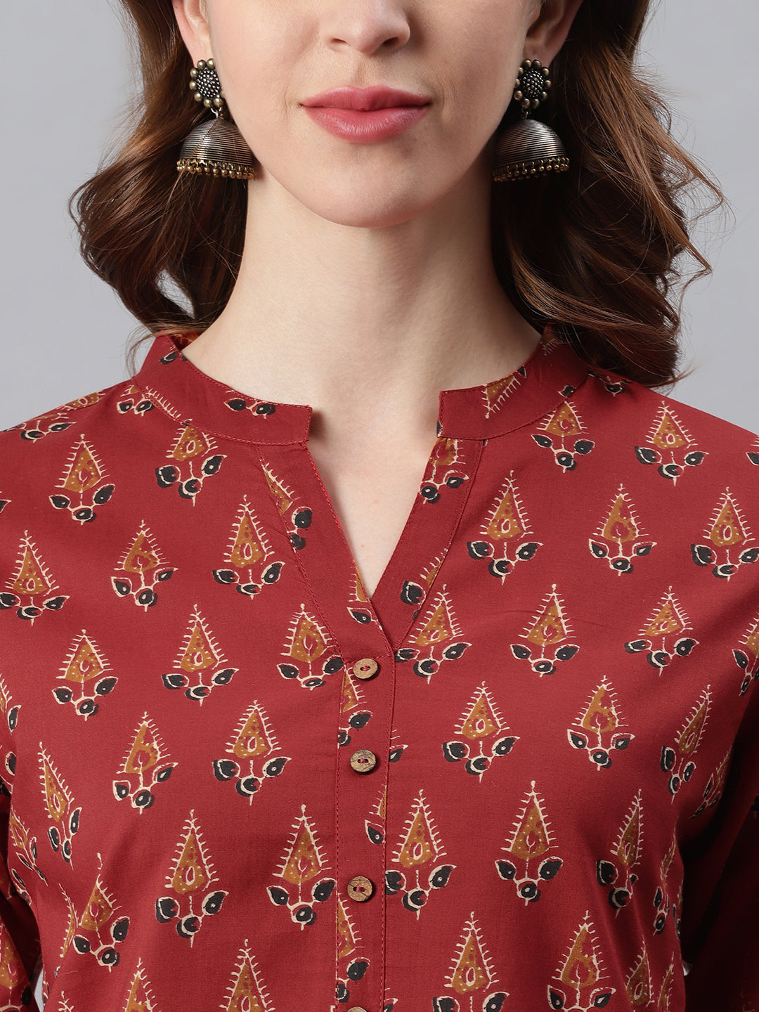 Janasya Women's Red Cotton Ethnic Motifs Straight Tunic | Swadesiicart