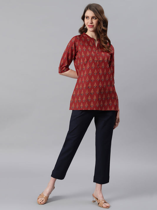 Janasya Women's Red Cotton Ethnic Motifs Straight Tunic | Swadesiicart