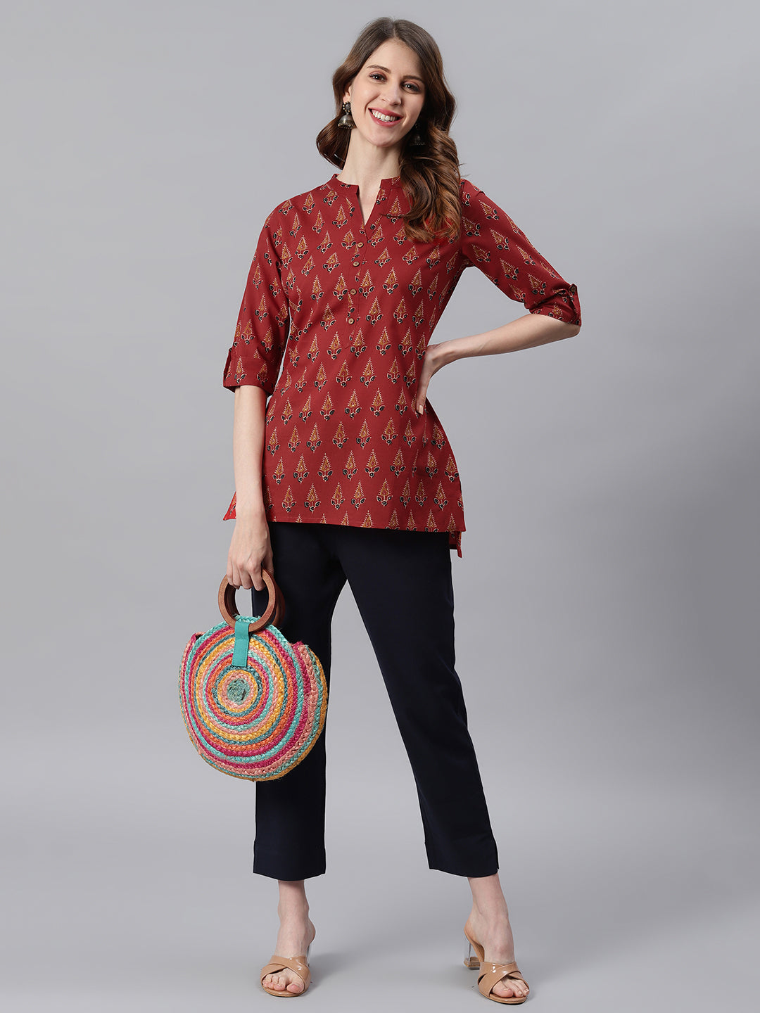 Janasya Women's Red Cotton Ethnic Motifs Straight Tunic | Swadesiicart