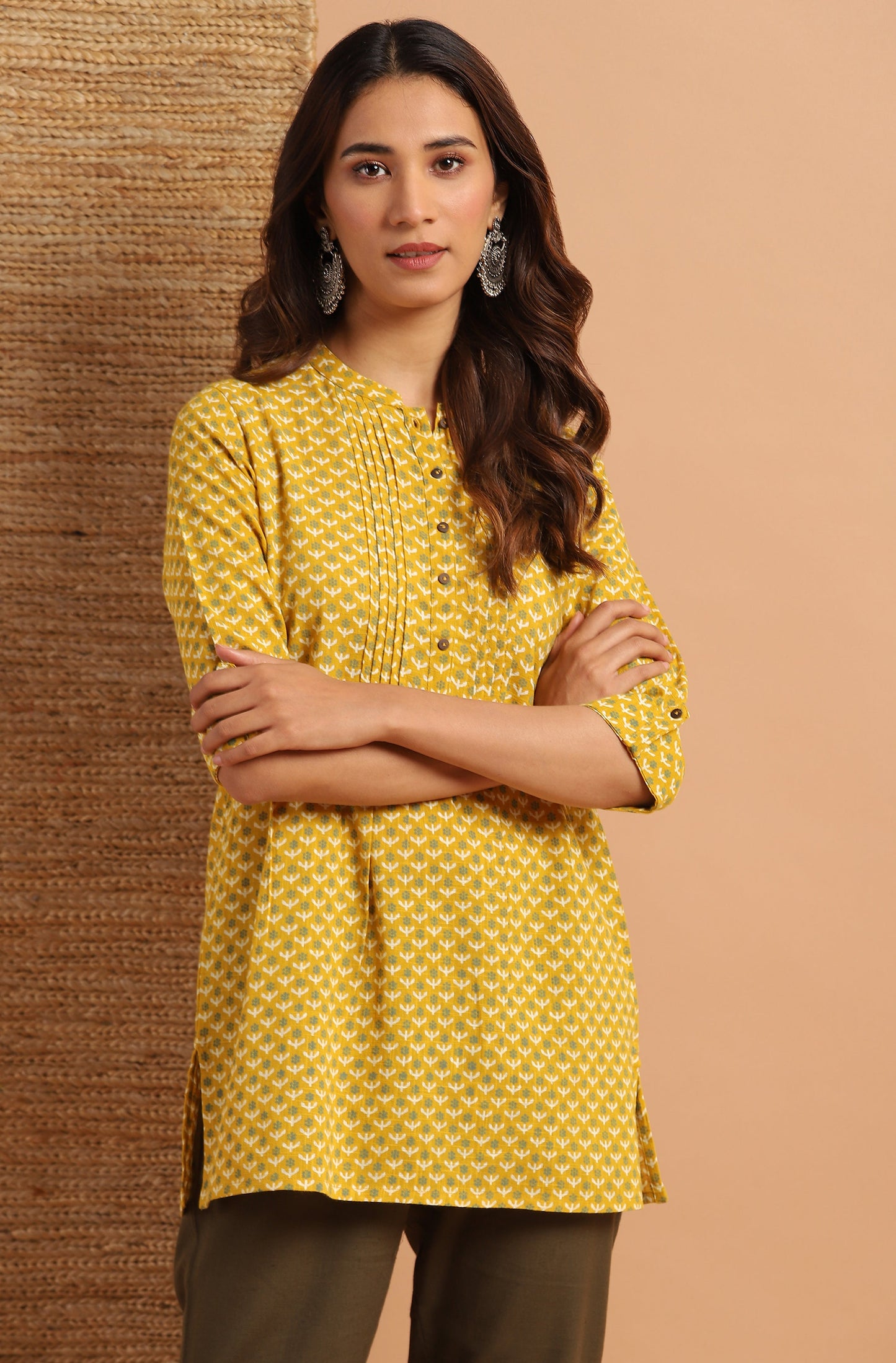 Janasya Women's Mustard Cotton Slub Floral Print Straight Tunic | Swadesiicart