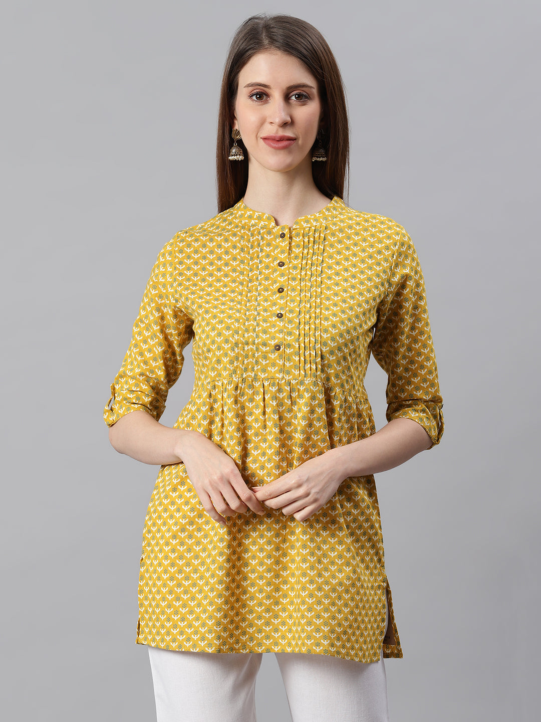 Janasya Women's Mustard Cotton Slub Floral Print Straight Tunic | Swadesiicart