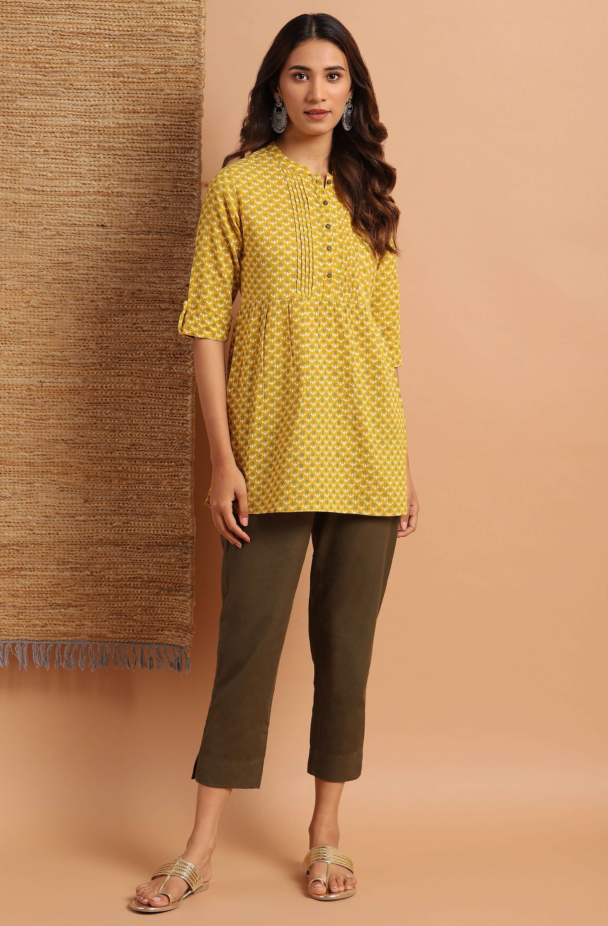 Janasya Women's Mustard Cotton Slub Floral Print Straight Tunic | Swadesiicart