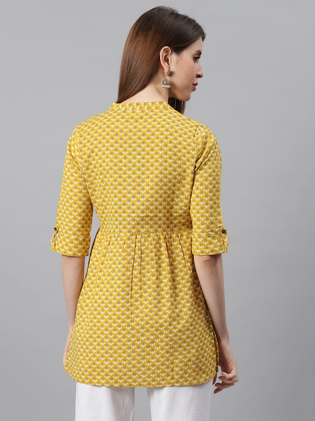 Janasya Women's Mustard Cotton Slub Floral Print Straight Tunic | Swadesiicart