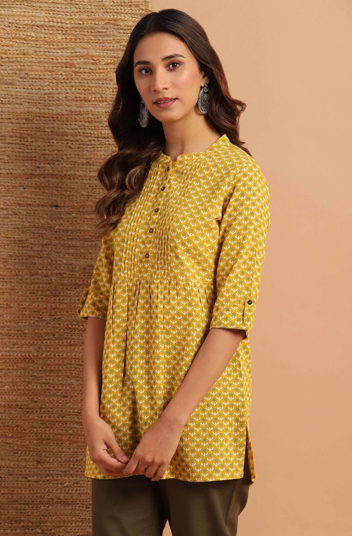 Janasya Women's Mustard Cotton Slub Floral Print Straight Tunic | Swadesiicart