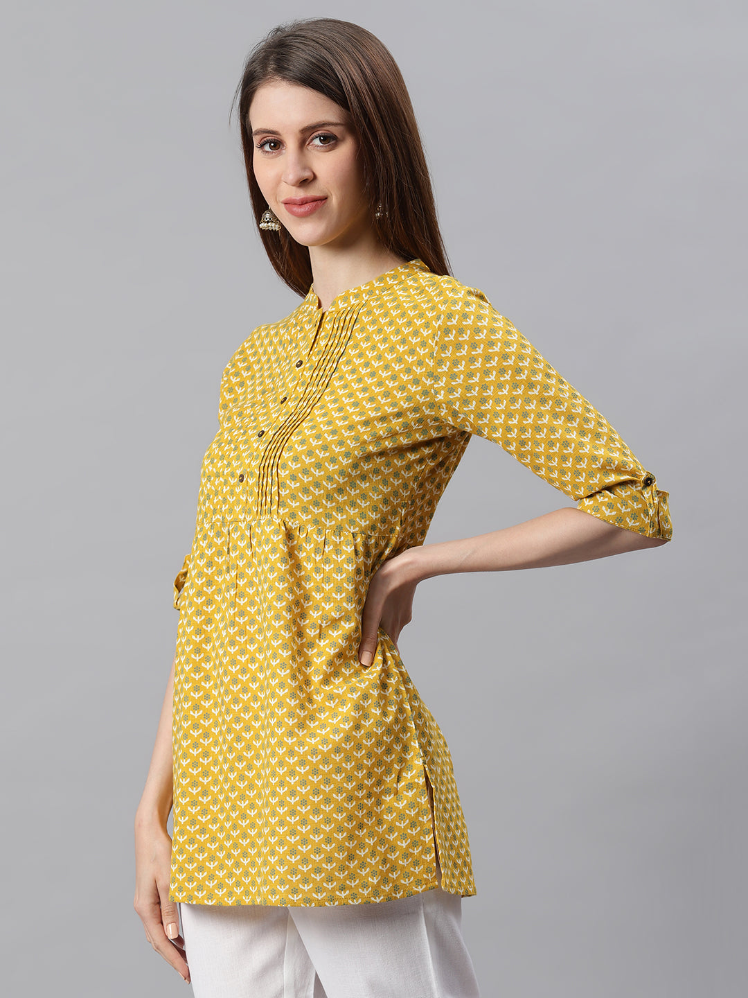 Janasya Women's Mustard Cotton Slub Floral Print Straight Tunic | Swadesiicart