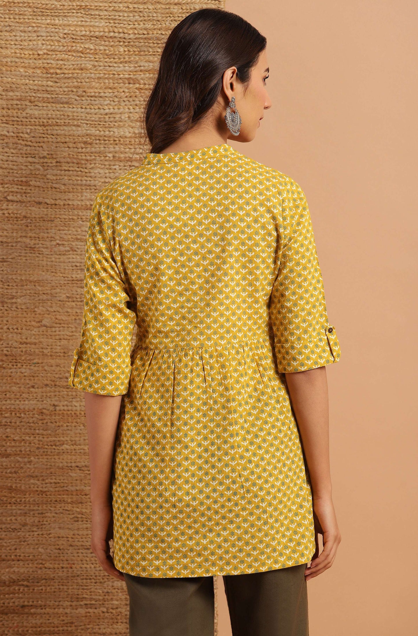 Janasya Women's Mustard Cotton Slub Floral Print Straight Tunic | Swadesiicart