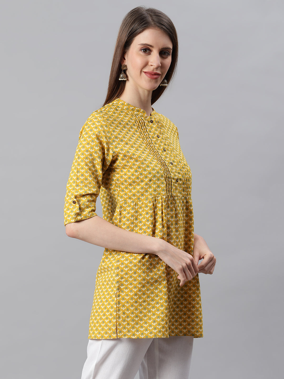 Janasya Women's Mustard Cotton Slub Floral Print Straight Tunic | Swadesiicart