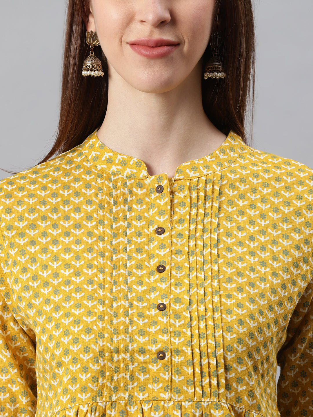 Janasya Women's Mustard Cotton Slub Floral Print Straight Tunic | Swadesiicart