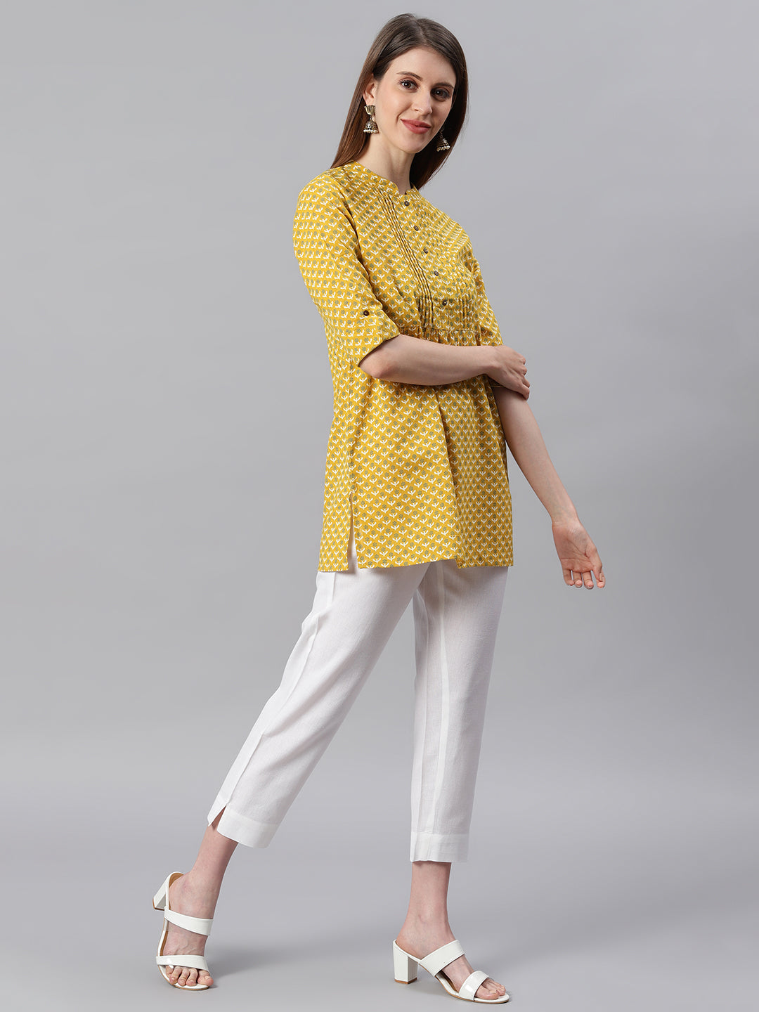 Janasya Women's Mustard Cotton Slub Floral Print Straight Tunic | Swadesiicart