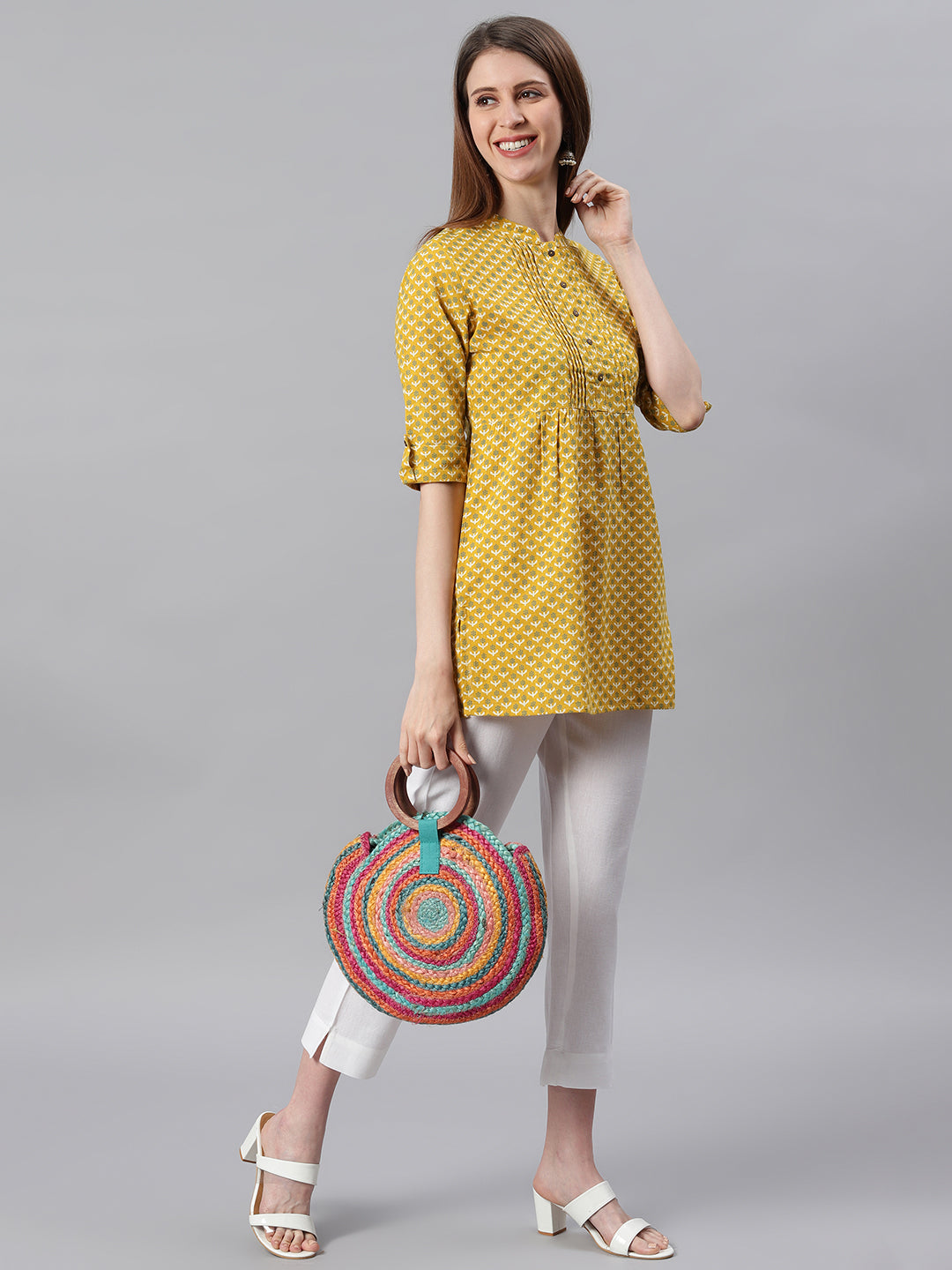Janasya Women's Mustard Cotton Slub Floral Print Straight Tunic | Swadesiicart
