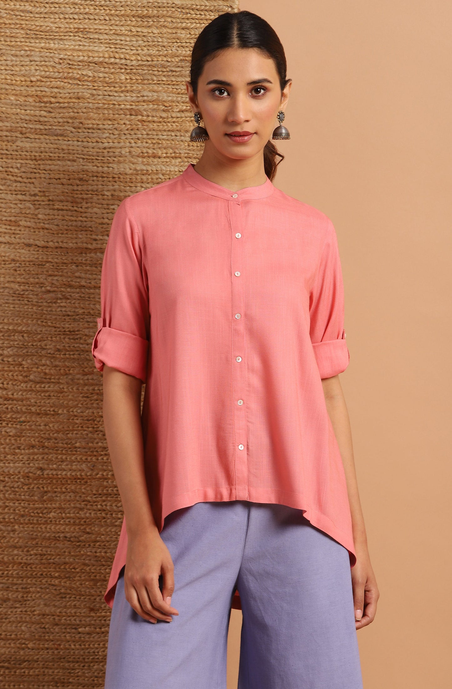Janasya Women's Pink Rayon Solid High Low Tunic | Swadesiicart