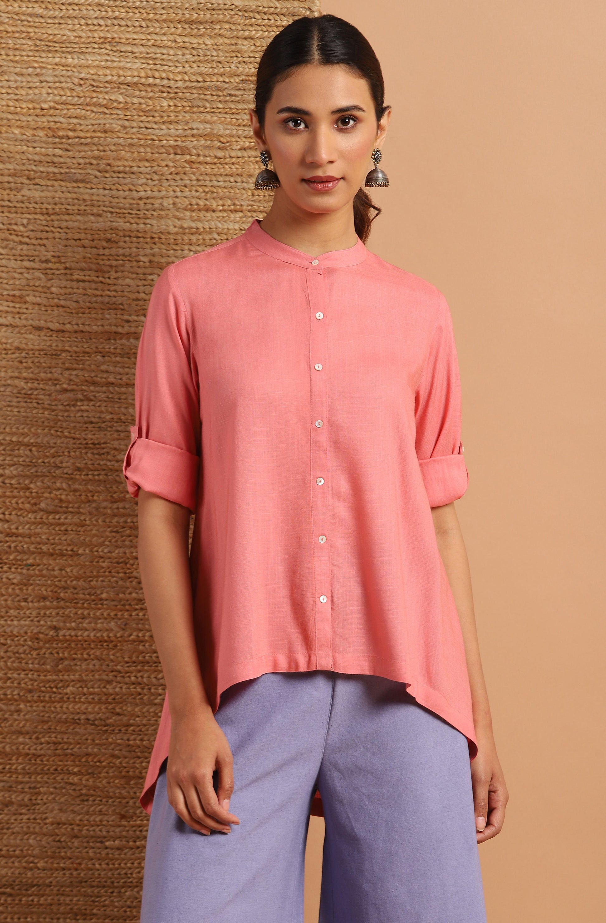 Janasya Women's Pink Rayon Solid High Low Tunic | Swadesiicart