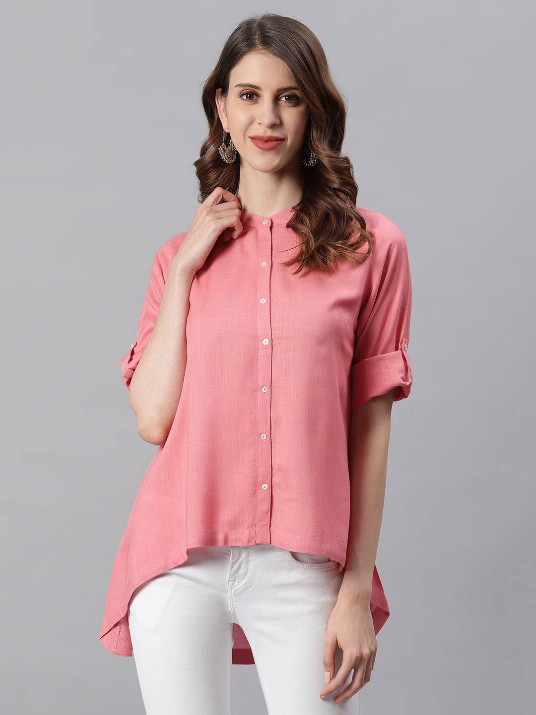 Janasya Women's Pink Rayon Solid High Low Tunic | Swadesiicart