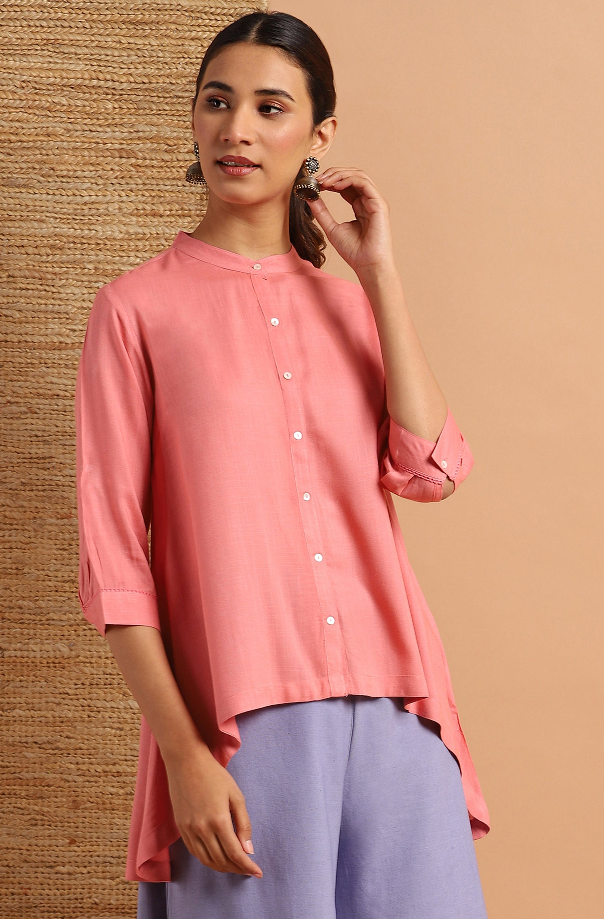 Janasya Women's Pink Rayon Solid High Low Tunic | Swadesiicart