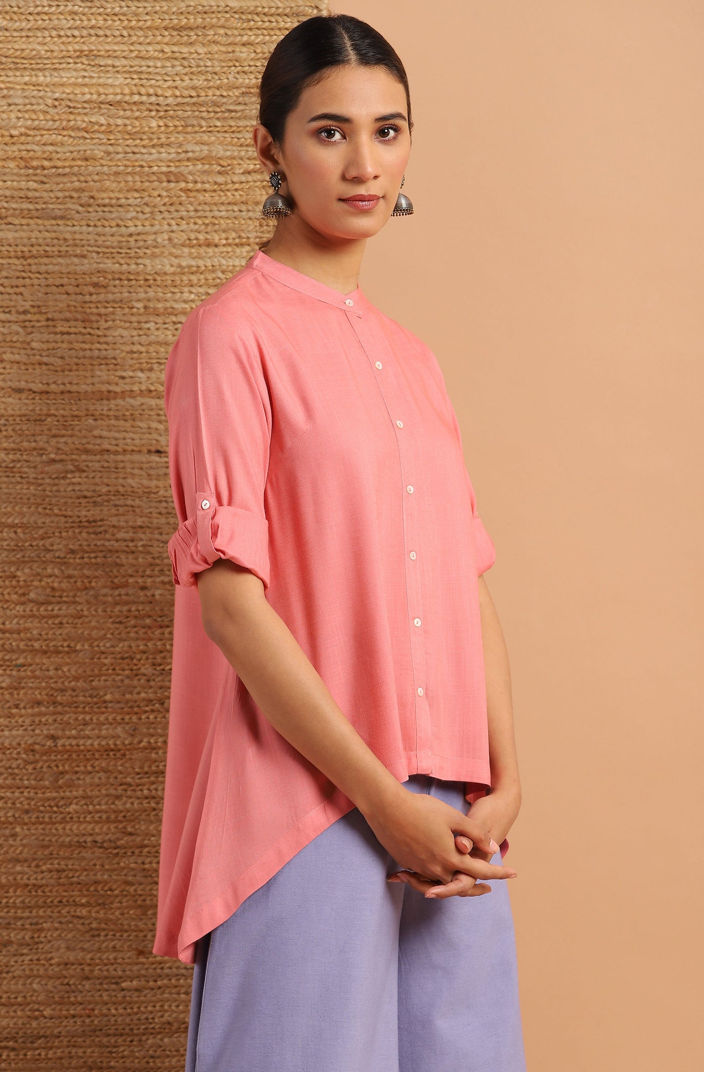 Janasya Women's Pink Rayon Solid High Low Tunic | Swadesiicart